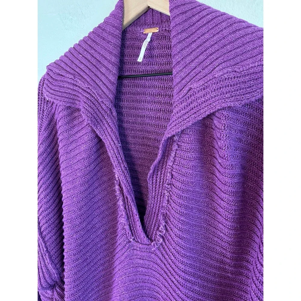 Free People Sweater Purple Women Small Ribbed V-Neck Oversized Raw Edge Boho